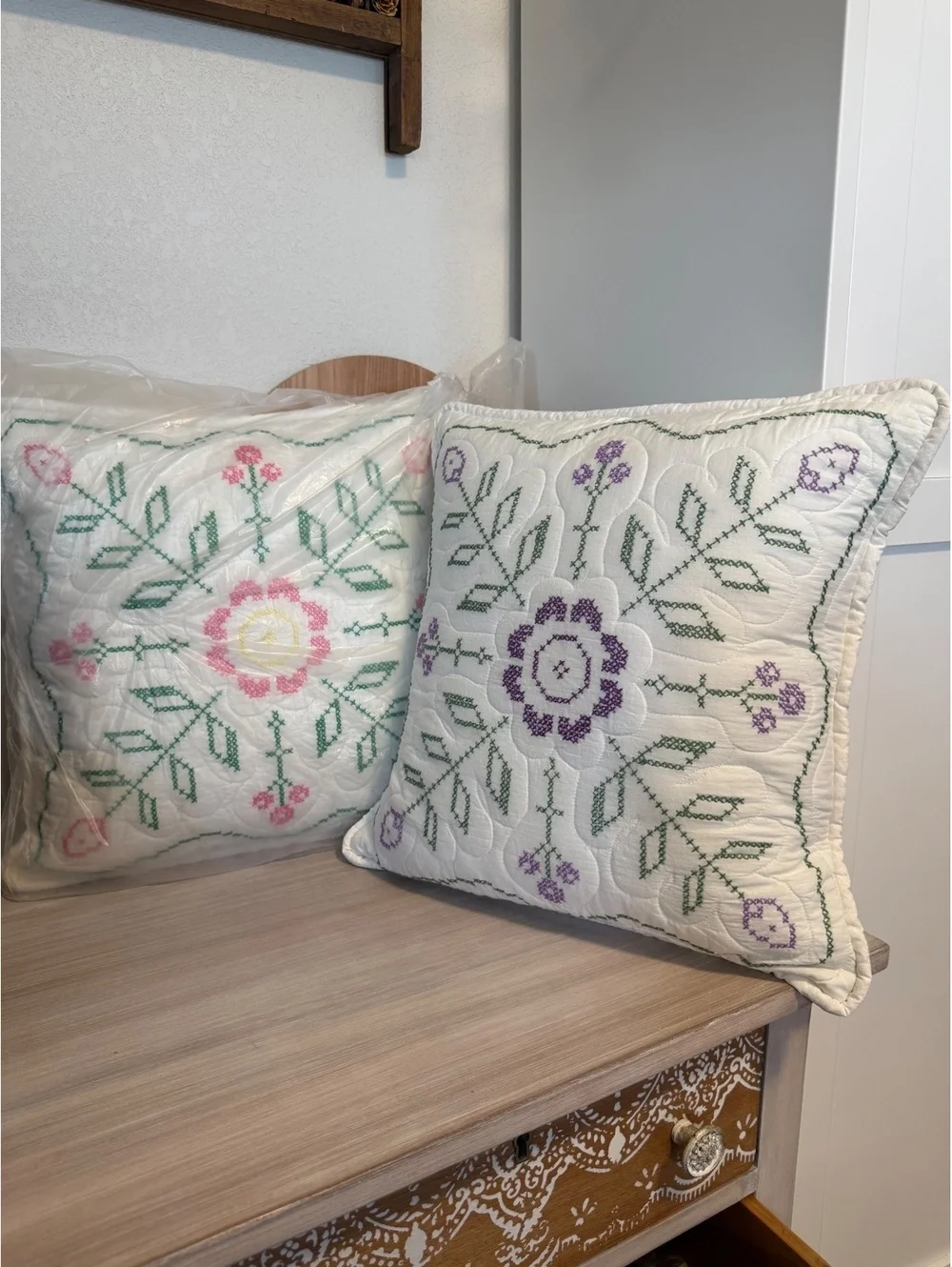 Pair of Vintage Floral Embroidered Decorative Throw Pillows